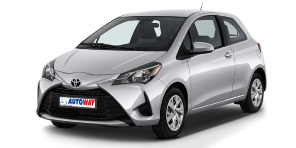 Toyota Yaris, grey, Autoway Logo on the plate, front view