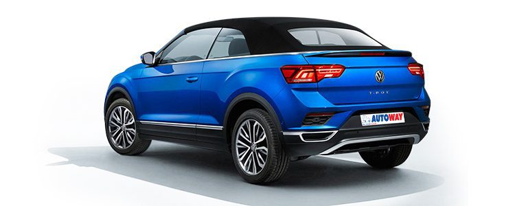 VW T-Roc, blue, Autoway Logo on the plate, rear view, open top