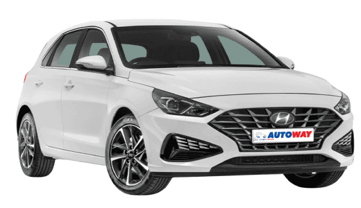Hyundai i30, white, front view, autoway logo plate