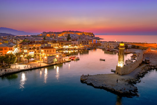 Rethymno old port by night, great lights and sunset