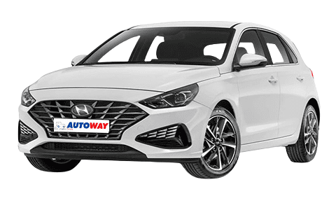 Hyundai i30, front view, white car, autoway logo plate