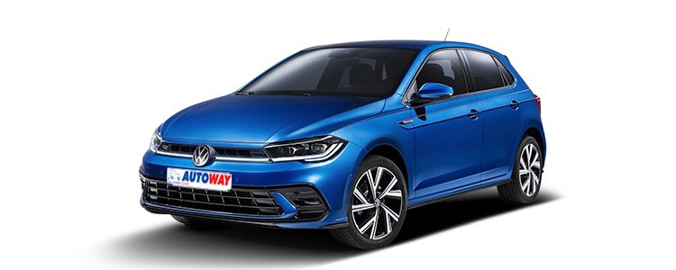 VW polo blue color car, Autoway Logo on the plate, New model, front view