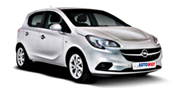 Opel Corsa, white, grey, Autoway Logo on the plate, front view