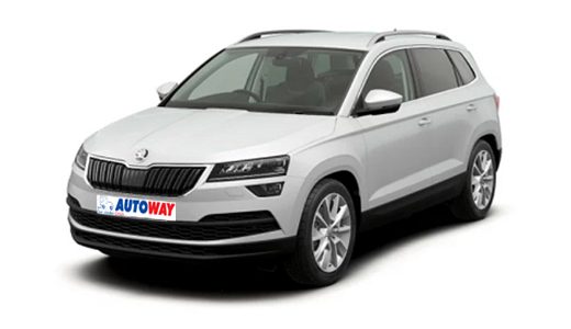 skoda karop, Autoway Logo on the plate, white car, front and side view