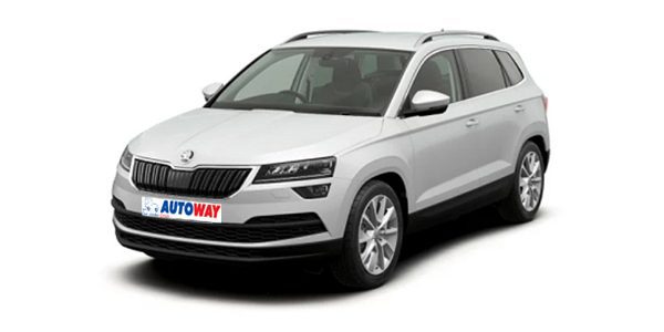 skoda karop, Autoway Logo on the plate, white car, front and side view