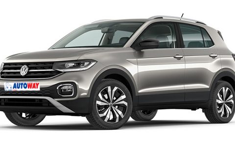 VW. T-cross, grey, Autoway Logo on the plate, front view