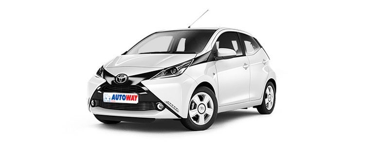 Toyota Aygo, white car, Autoway Logo on the plate, front view