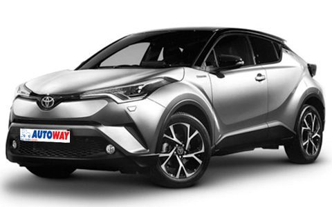 Toyota CHR, grey and black color, Autoway Logo on the plate, front and side view