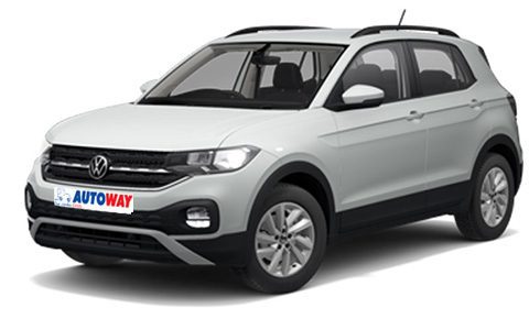 VW T-cross white, front view, autoway logo plate, open lights
