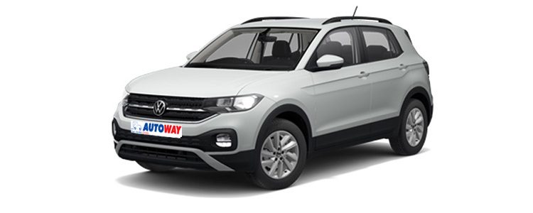 VW T-cross white, front view, autoway logo plate, open lights
