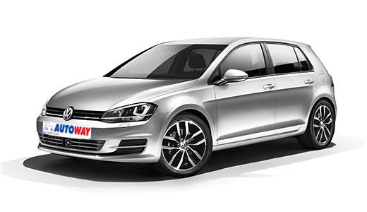 VW Golf, grey color, front and side view, Autoway Logo on the plate