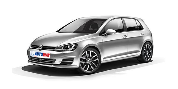 VW Golf, grey color, front and side view, Autoway Logo on the plate