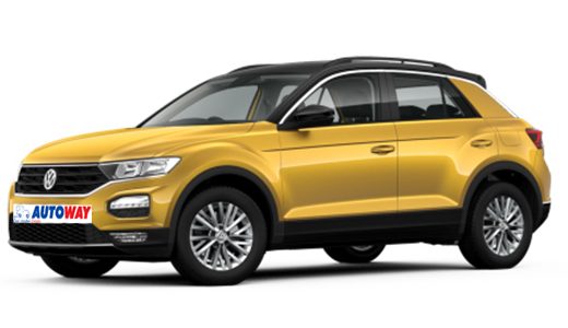 autoway logo plate, VW T-Roc, gold color, front view and side.