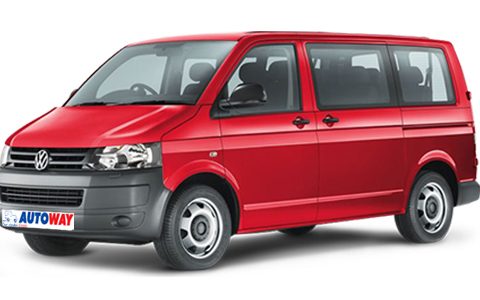 VW Transporter, red color car, autoway logo plate , front view, 9-seater