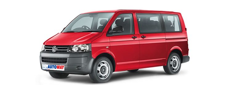 VW Transporter, red color car, autoway logo plate , front view, 9-seater