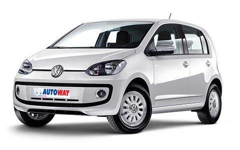 Vw Up, autoway logo plate, white car, front view