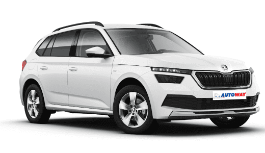 Skoda Kamiq, white color, front view, autoway logo plate