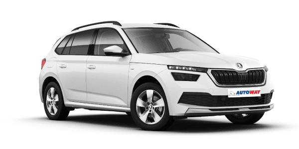 Skoda Kamiq, white color, front view, autoway logo plate