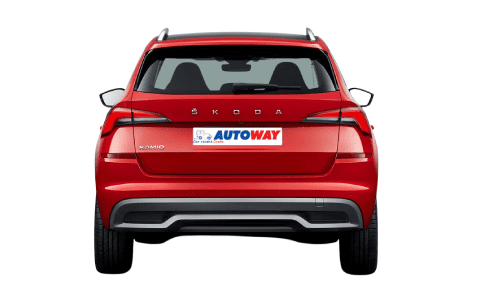 Skoda Kamiq, rear view, red color, autoway logo plate