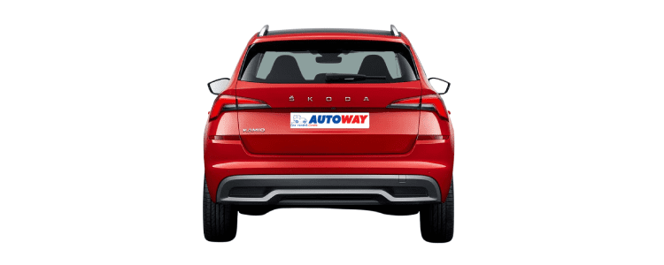 Skoda Kamiq, rear view, red color, autoway logo plate
