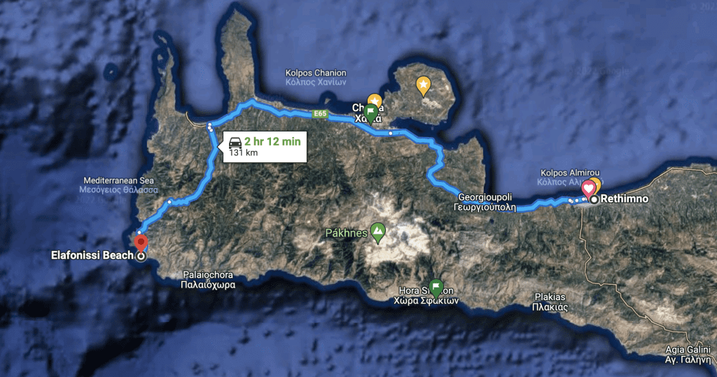Kreta, Entfernung von Rethymno nach Elafonisi mit dem Auto