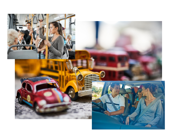 Collage with buses cars, inside view of car and bus