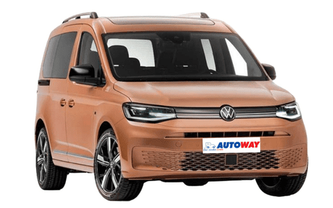 VW Caddy Maxi Life, front view, autoway logo on plate, brown car