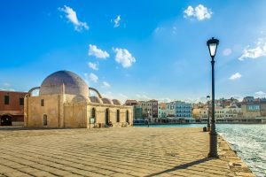 Chania Old Port photo, summer sun and blue sky